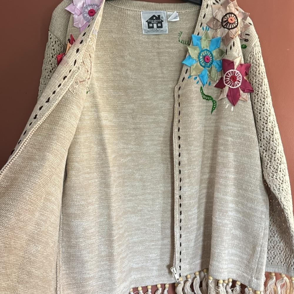 Vintage Storybook Knits Cardigan Sweater  beige Crochet Fringe Granny size L - Picture 10 of 10
